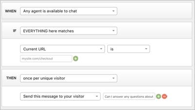 Example of an automated chat rule that sends one message per unique visitor on a single page. 