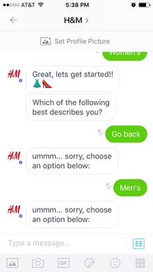 Unfortunately the H&M chatbot has limitations to its natural language processing (NLP).