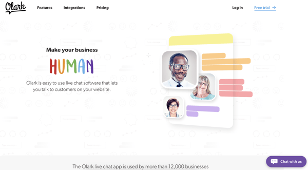 The new Olark live chat software website, with a new brand and a tagline, "Make business human."