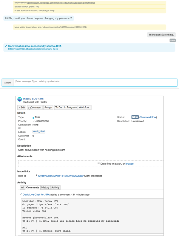 Example: Sending a live chat transcript to JIRA, and creating a JIRA ticket, with the !jira command. 