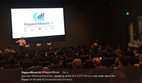 An image of Michael Housman of RapportBoost.AI presenting at a recent conference.