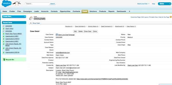 An image of the Salesforce integration with Olark. A live chat tagged as a case are sent directly to the CRM.