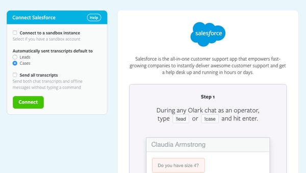 An image of the Olark live chat Salesforce integration setup page. Simply enable the integration and start sending transcripts from live chat software on your website to your Salesforce CRM.