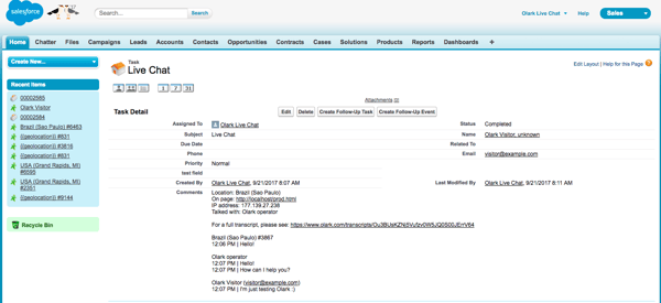 An image of the Olark live chat Salesforce integration. Chat conversations tagged as leads are attached as tasks to the lead in Salesforce.