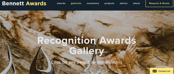 A gallery on the Bennett Awards Squarespace site, with the Olark offline email form in the lower right-hand corner. 