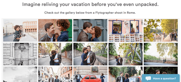 The Flytographer home page, featuring excerpts from a photo shoot, with the Olark chatbox in the lower right corner. 