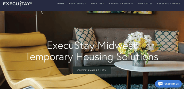 Home page for ExecuStay Midwest, one of Transition Group's companies, with the Olark chatbox in the lower right. 