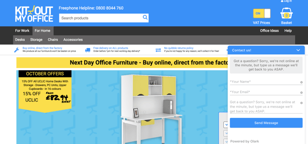 Kit Out My Office uses Olark live chat software on the homepage of its website to uncover new sales leads and support customers who need assistance.