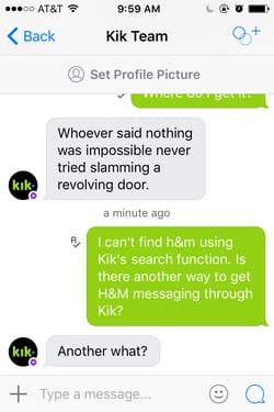 An example of a Kik messenger bot conversation.