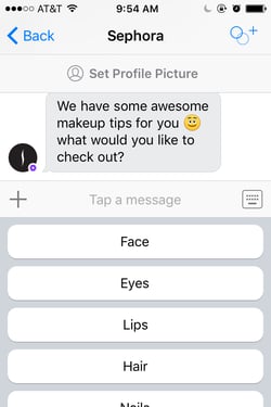Chatting with the Sephora messenger bot in Kik.