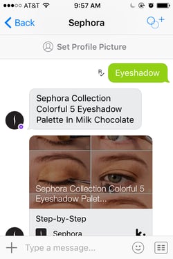 The Sephora messenger bot helps our shopper find eyeshadow.