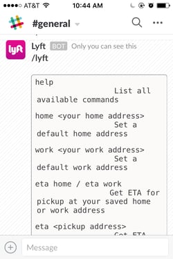 Lyft bot commands in Slack.