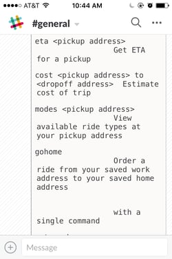 A long list of bot commands for Lyft in Slack.
