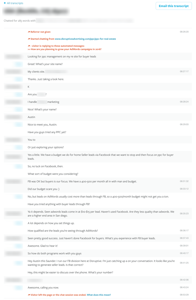 A chat conversation prompted by a blog article on about PPC advertising.
