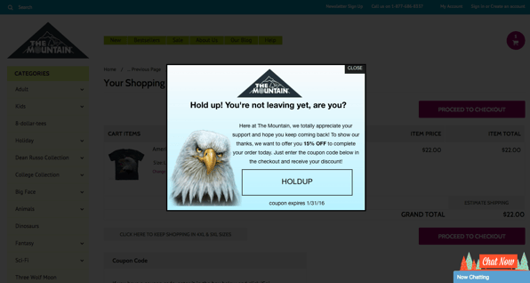 The Mountain reduces cart abandonment with visitor pop ups.