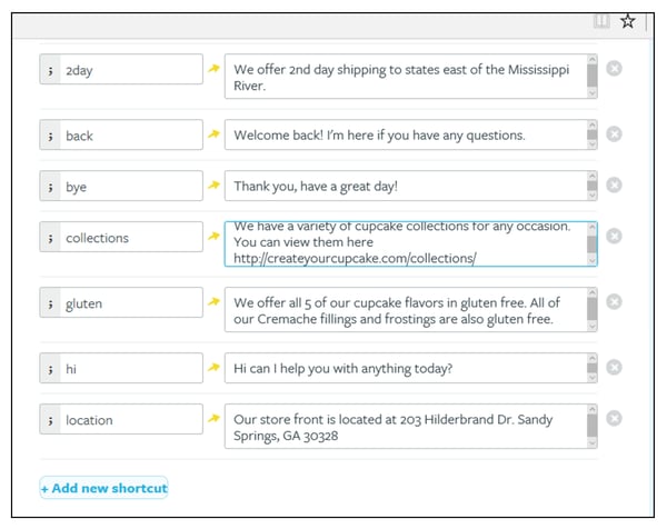 Live chat canned response examples from Create Your Cupcake, answering questions like "Where is your store located" and "Do you offer gluten-free cupcakes?"