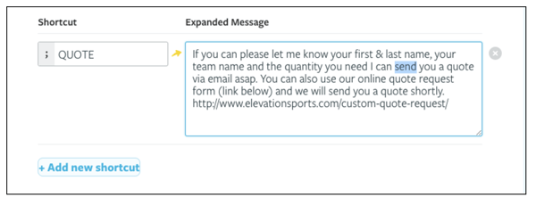 A powerful live chat canned response from Elevation Sports.