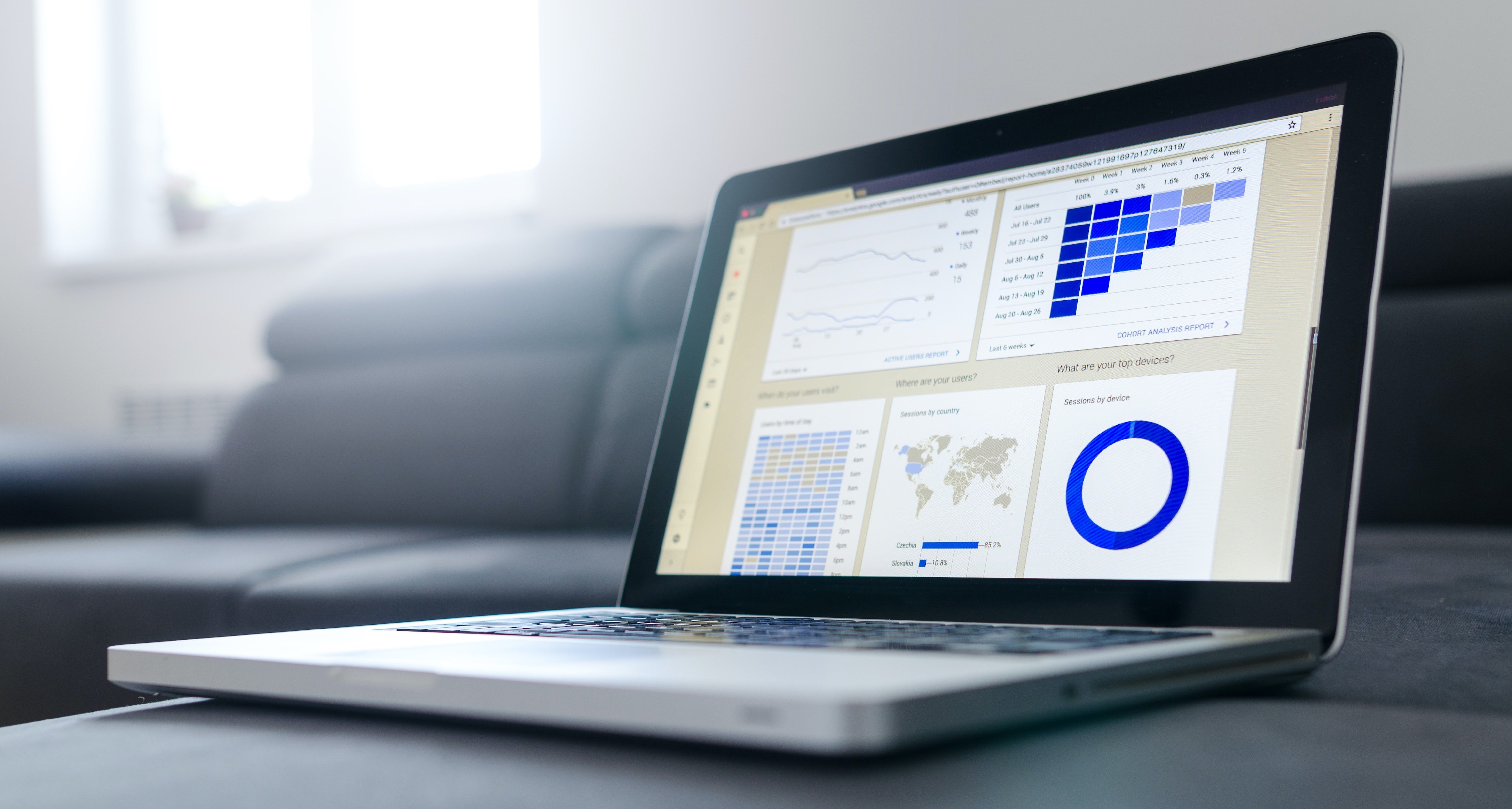 A computer with graphs and report displays