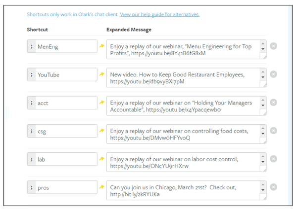 Live chat canned response examples from The Restaurant Expert.